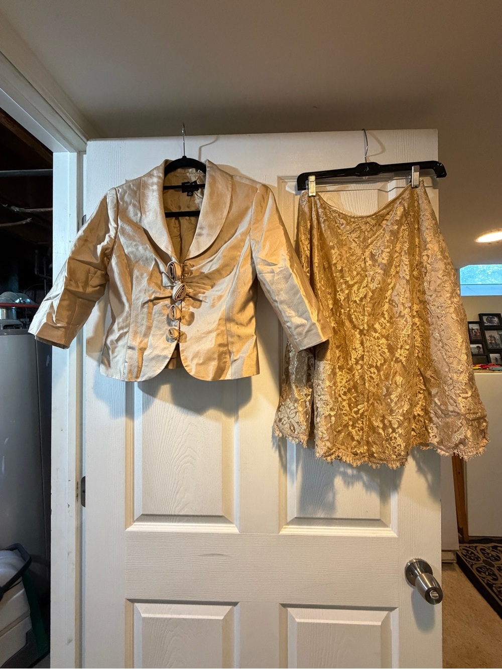 Adrianna Papell Gold Satin Jacket with Lace Skirt Set